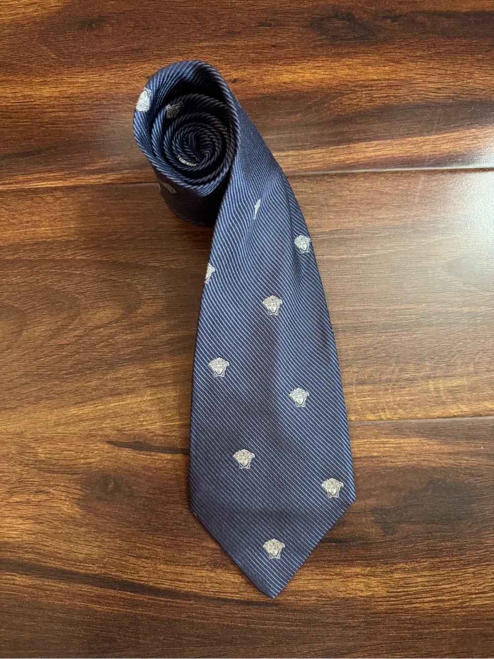 Versace Navy Silk Tie with Gold Medusa Motifs